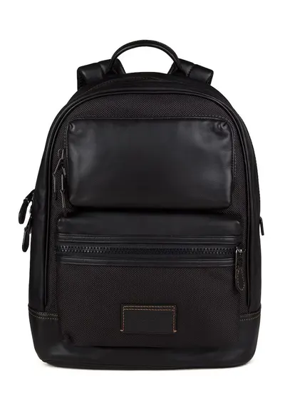 Rucsac din piele naturala cu insertii texturate de panza - gri antracit - 28x11x39 cm
