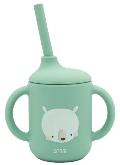 Cană din silicon cu paie Sassi - Munchy The Bear, verde