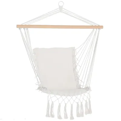 Outsunny Balansoar Suspendat din Țesătură cu Ciucuri și Bară din Lemn de Plop, 90x50 cm, Crem | Aosom Romania