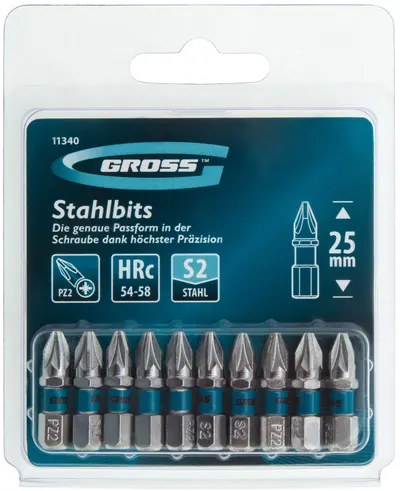 Set de biți Gross - PZ2 x 25 mm, oțel S2, 10 buc.