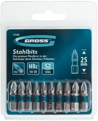 Set de biți Gross - PZ2 x 25 mm, oțel S2, 10 buc.
