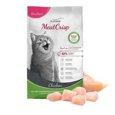 PLATINUM MeatCrisp Sterilised , Pui, hrană uscată pisici sterilizate, deshidratat, 1.5kg