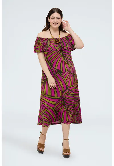 Rochie midi cu decolteu pe umeri - Violet/Verde masliniu inchis