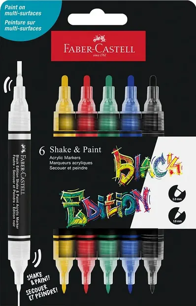 Set de markere acrilice cu două capete Faber-Castell Black Edition - 6 culori de bază