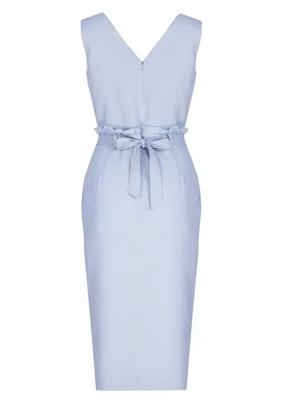 Rochie midi albastra - cu curea - decolteu in V - din poliester