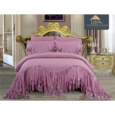 Cuvertura pat dublu, 3 piese, Bumbac Finet, 220x280cm, cu volanase si broderie, Jojo Home, Roz