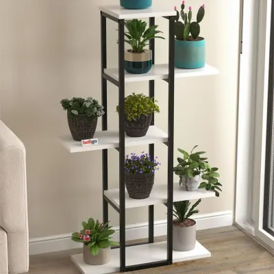 Suport flori Papatya multifunctional, etajera decorativa pentru ghivece si obiecte 40 x 120 cm, cadru metalic negru + rafturi PAL melaminat 18 mm, ideal pentru living balcon sau birou, stil industrial modern