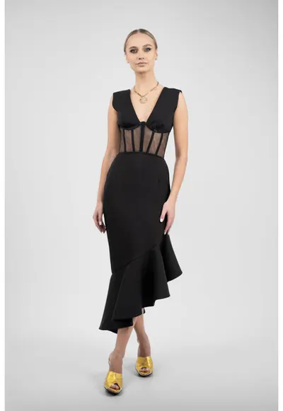 Rochie midi neagra cu corset transparent si fusta asimetrica