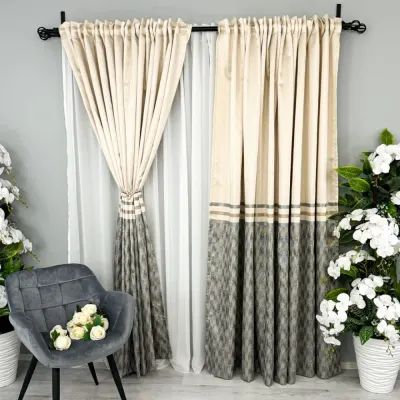 Set 2 Draperii Line , 300cm x 232cm , Rejansa pt. bara , Crem cu Gri
