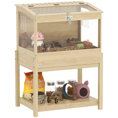 PawHut Cușcă pentru hamster din lemn înaltă cu raft de depozitare capac deschis 83,2 x 50 x 103 cm efect de lemn natural | Aosom Romania