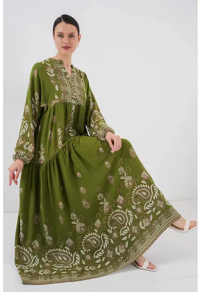 Rochie maxi dama - din viscoza - HiCCUP - cu imprimeu - decolteu in V - verde