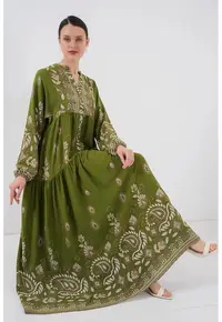 Rochie maxi dama - din viscoza - HiCCUP - cu imprimeu - decolteu in V - verde