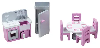 Mobilier din lemn pentru casă de păpuși Bigjigs - Bucătărie, 7 piese
