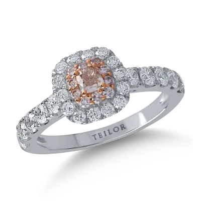 Inel din aur alb-roz cu diamante transparente de 0.91ct si diamante roz cushion si rotunde de 0.32ct