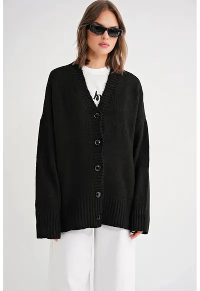 Cardigan - cu nasturi - decolteu in V - negru - tricot