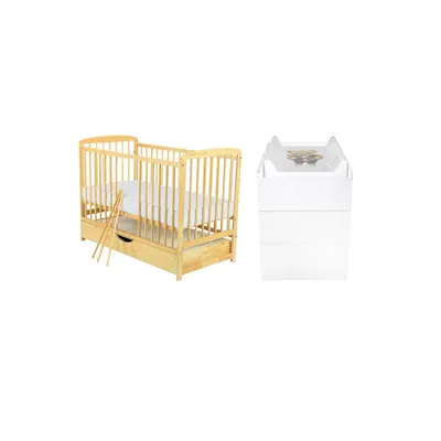 Set mobilier pentru copii, BabyNeeds: Patut din lemn de pin, cu sertar cu capac si somiera reglabila in 3 trepte, Ola, 120x60 cm + Saltea cocos-burete-cocos, 10 cm + Comoda cu masuta de infasat, Alb/Natur