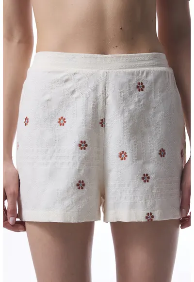 Pantaloni scurti cu talie inalta - Maro inchis/Alb murdar