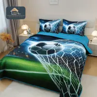 Cuvertura Matlasata, Bumbac Finet, cu Imprimeu 5D, 220x240cm + 2 fete de perna 50x70cm, Bleu, Verde, Minge de Fotbal