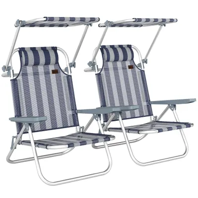Outsunny Set de 2 scaune de plajă pliabile cu copertină ajustabilă spătar reglabil 6 poziții tetieră Albastru și alb | Aosom Romania