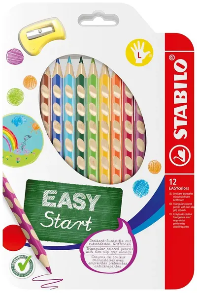 Creioane colorate ergonomice Stabilo EASYcolors - 12 culori, pentru mâna stângă