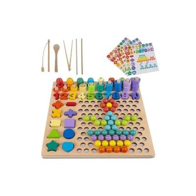 Set puzzle educativ operatii matematice, cifre, forme geometrice, undita magnet, margele, lemn, 30x30x7,5 cm, multicolor