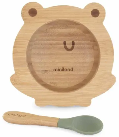 Set bol din lemn cu vacum si lingura Miniland - Eco Friendly, Bagka