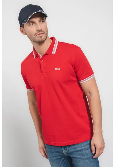 Tricou polo regular fit din bumbac pique cu margini contrastante Paddy - Rosu vermillion