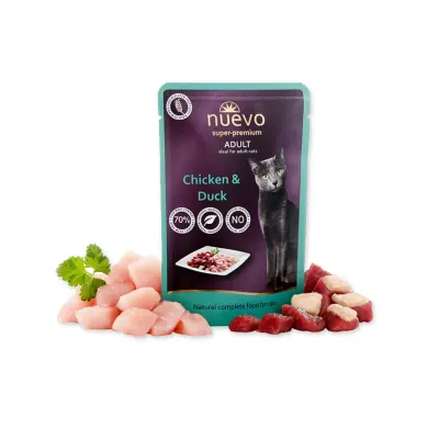 NUEVO, Pui și Rață, hrană umedă fără cereale pisici, apetit capricios, (pate) NUEVO, Pui și Rață, plic hrană umedă fără cereale pisici, apetit capricios, (pate), 85g
