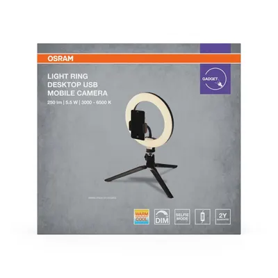 Lampa LED circulara portabila OSRAM Selfie RING, 5.5W, 250 lm, lumina alba(3000-6500K), dimabila, 1xCR2032, telecomanda, IP20, Ø