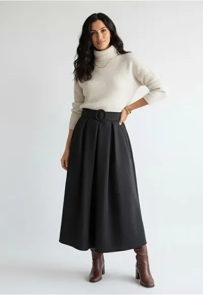Fusta midi M1255 - Poliester/Viscoza - Negru