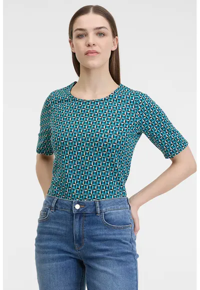 Bluza cu model si decolteu rotund - Alb/Negru/Verde persan