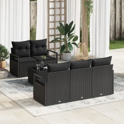 Set de canapele de gradina Gossi 6 piese cu perne negru poli ratan, canapea de gradina Gossi 2 locuri cu spatiu de depozitare si perne negru poli ratan