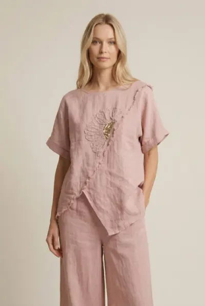 Bluza din in roz cu paiete si broderie, croi lejer asimetric, stil elegant natural