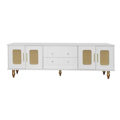 Comodă TV în stil retro cu mânere aurii, uși din ratan și picioare din metal, spațiu de depozitare generos, 175x38x55,5 cm, alb