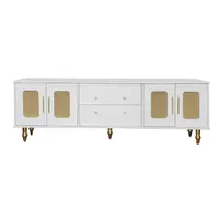 Comodă TV în stil retro cu mânere aurii, uși din ratan și picioare din metal, spațiu de depozitare generos, 175x38x55,5 cm, alb