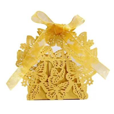 Cutiuță cu fundă model fluturași 6,3x4cm - auriu (set 50 buc) - Default Title