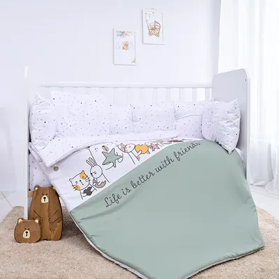 Lenjerie pătuț Lorelli - Lili, cu protecție laterală, Happy Friends, mentă