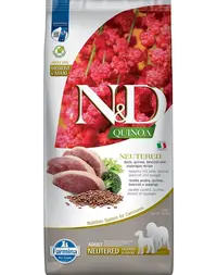FARMINA N&D Quinoa Dog Neutered Adult Medium/Maxi hrana uscata caini adulti dupa castrare/sterilizare, cu rata, broccoli si sparanghel 12 kg