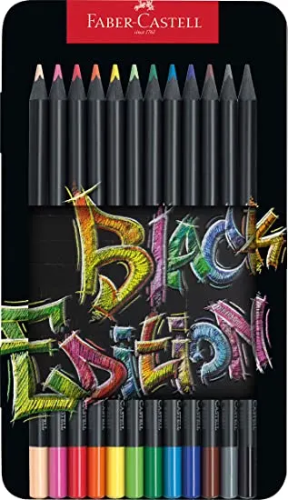Creioane de culoare Faber-Castell Black Edition - 12 culori, cutie metalica