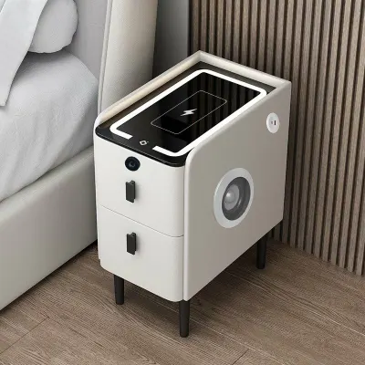 Noptiera inteligenta slim cu incarcare wireless, iluminare LED, difuzor Bluetooth, port USB &amp; Type-C si sistem cu amprenta &ndash; culoare alb, 2 sertare, design modern din sticla si lemn