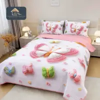 Cuvertura Matlasata, Bumbac Finet, cu Imprimeu 5D, 220x240cm + 2 fete de perna 50x70cm, Alb, Roz, Fluturi