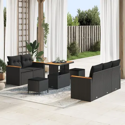 Set canapea de gradina de 8 piese cu perne negru poliratan acacia, set de dining de gradina de 3 piese cu perne negru poliratan acacia