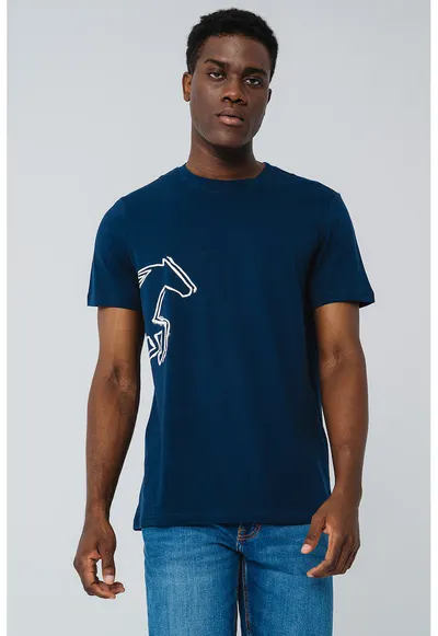 Tricou cu decolteu la baza gatului si imprimeu grafic Austin - Alb/Bleumarin