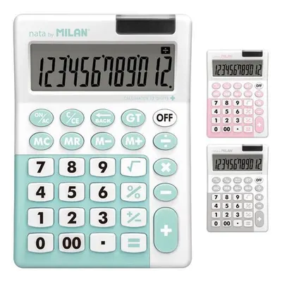 Calculator de birou antibacterian Milan +, 12 cifre, alb-turcoaz / alb-roz / alb-gri