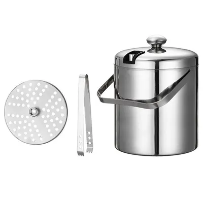 Set Frapiera pentru Gheata NewEvo cu Pereti Dubli, Sita, Capac, Maner si Cleste, INOX, 1.3L, 20x14.5cm, Argintiu