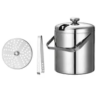 Set Frapiera pentru Gheata NewEvo cu Pereti Dubli, Sita, Capac, Maner si Cleste, INOX, 1.3L, 20x14.5cm, Argintiu