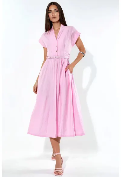 Rochie Maxi casual - roz pudra - cu cordon - 100% poliester