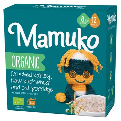 Porridge din 3 cereale cu fulgi de ovaz, hrisca si orz bio 12+ luni 200g Mamuko