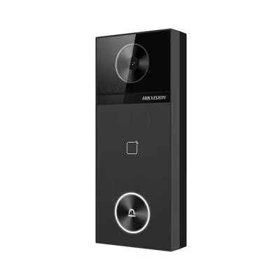 Videointerfon de exterior IP WiFi 6 Hikvision DS-KV6114-WBE1, 1 familie, 2 incuietori, Mifare 13.56 MHz, aparent, 4 MP, IR 3 m, microfon si difuzor, slot card, functii smart, PoE, vizualizare de pe telefon