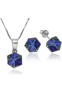 Set Argint 925 placat cu rodiu cu cristale Swarovski® Cubic 6mm - Surub + Lant - Albastru inchis